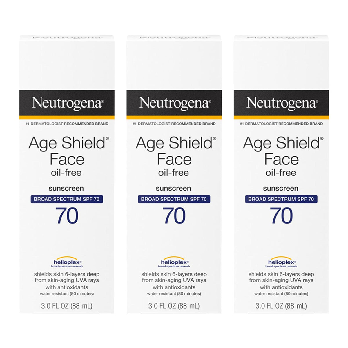 Neutrogena Age Shield front packaging showing SPF 70 protection and pack of three