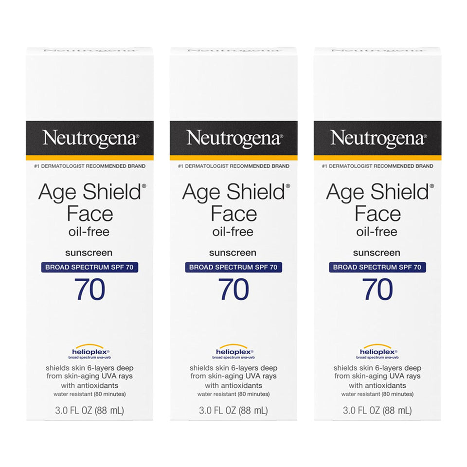 Neutrogena Age Shield front packaging showing SPF 70 protection and pack of three