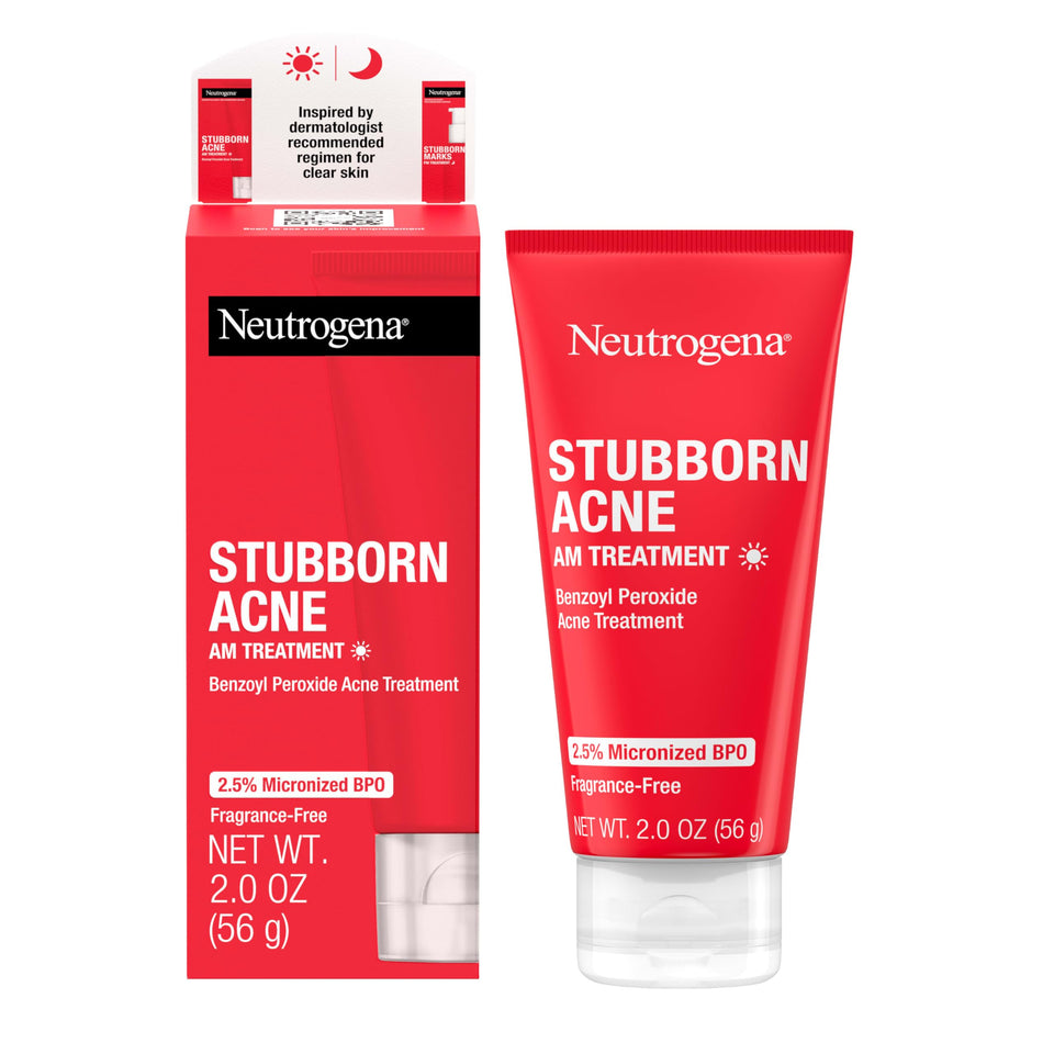 Neutrogena AM treatment front packaging showing tube and branding, promotes quick acne relief