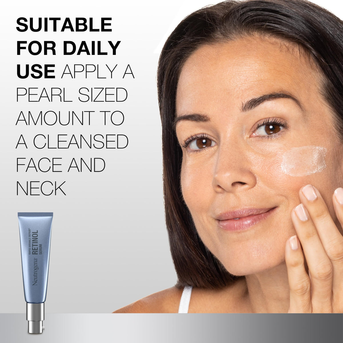 Neutrogena serum applied on hand, lightweight absorption and immediate smoothing