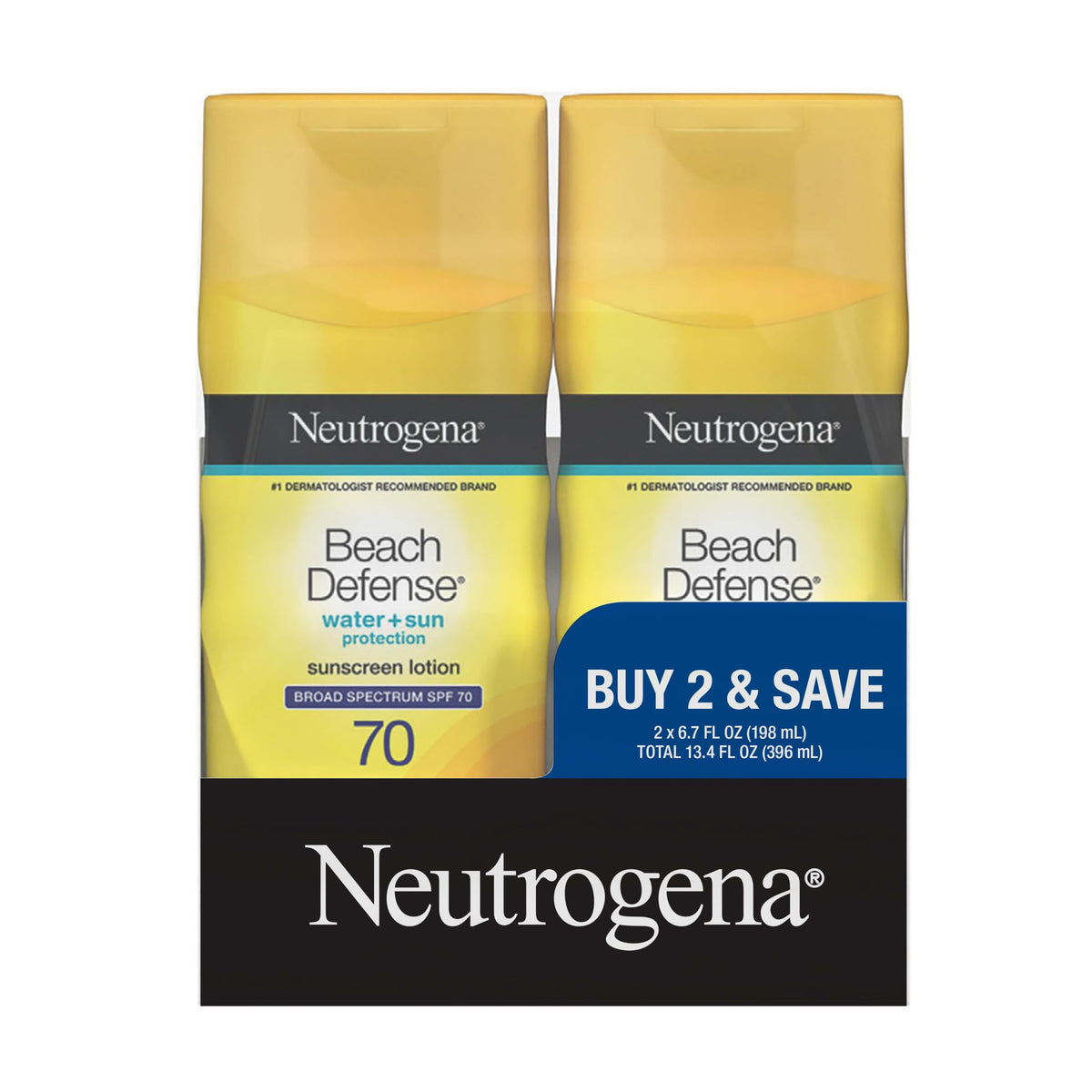 Neutrogena Beach Defense front bottles showing twin pack and SPF 70 protection