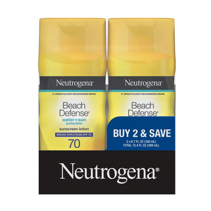 Neutrogena Beach Defense front bottles showing twin pack and SPF 70 protection