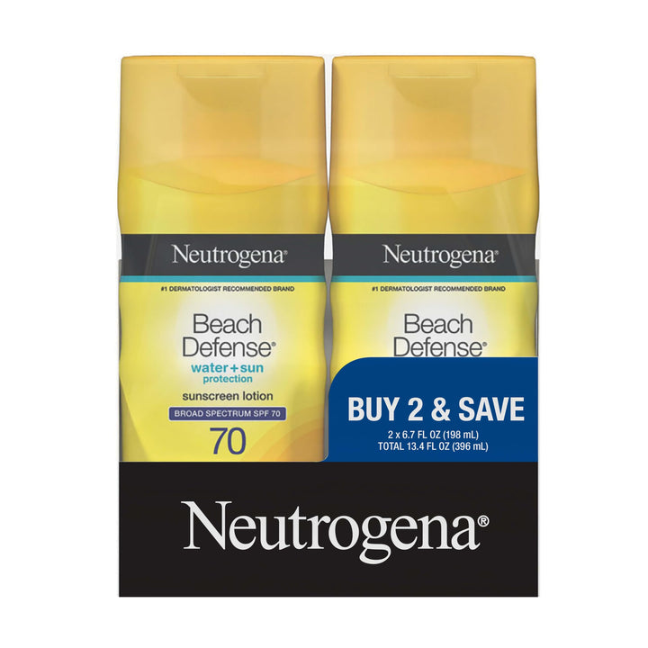 Neutrogena Beach Defense front bottles showing twin pack and SPF 70 protection
