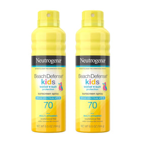 Neutrogena Beach Defense kids front packaging showing SPF 70 and pack of two for easy replacement