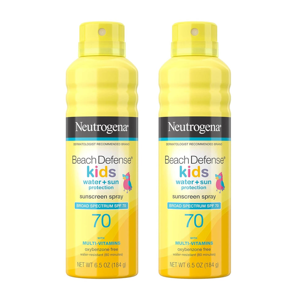 Neutrogena Beach Defense kids front packaging showing SPF 70 and pack of two for easy replacement