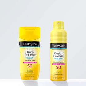 Neutrogena bottle next to sunglasses showing compact 6.7 fl oz travel size