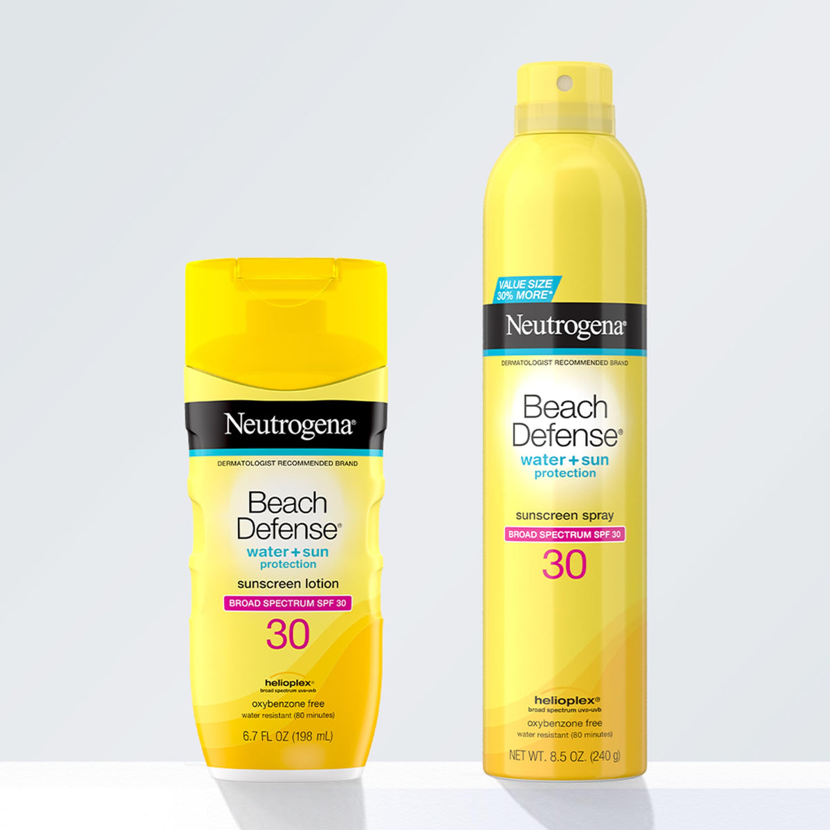 Neutrogena water splashes illustrating 80 minutes water‑resistant benefit