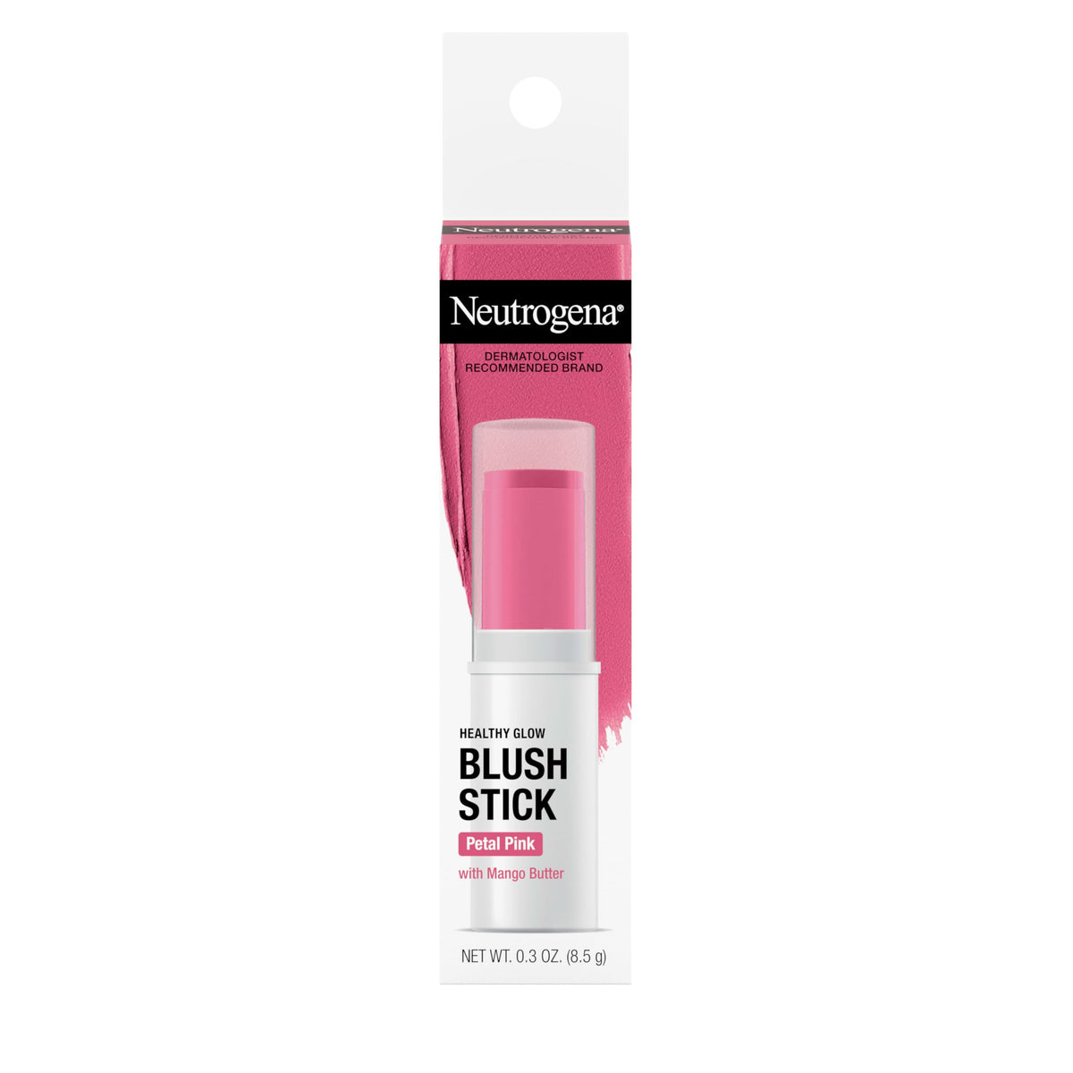 Neutrogena blush stick front packaging showing shade and size, portable benefit