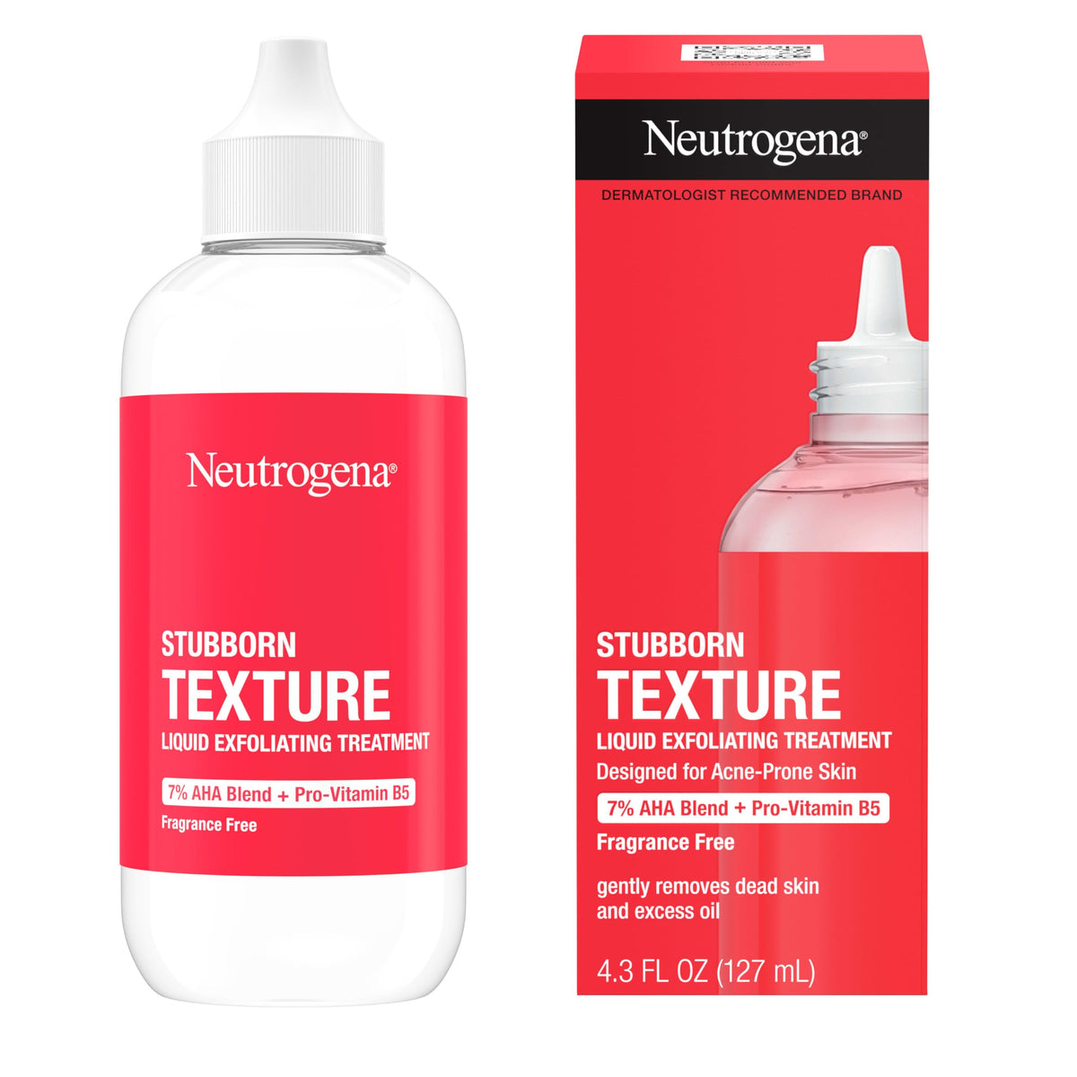 Neutrogena close-up label highlighting 7% AHA blend and Pro‑Vitamin B5 benefit