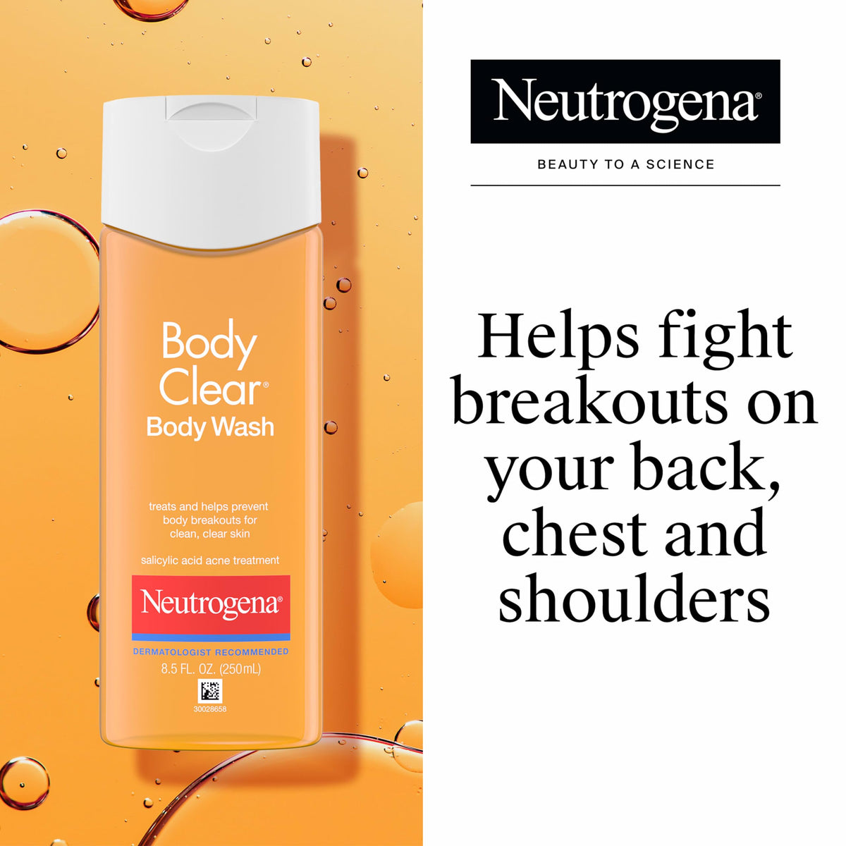 Neutrogena bottle closeup label highlighting 2% salicylic acid benefit