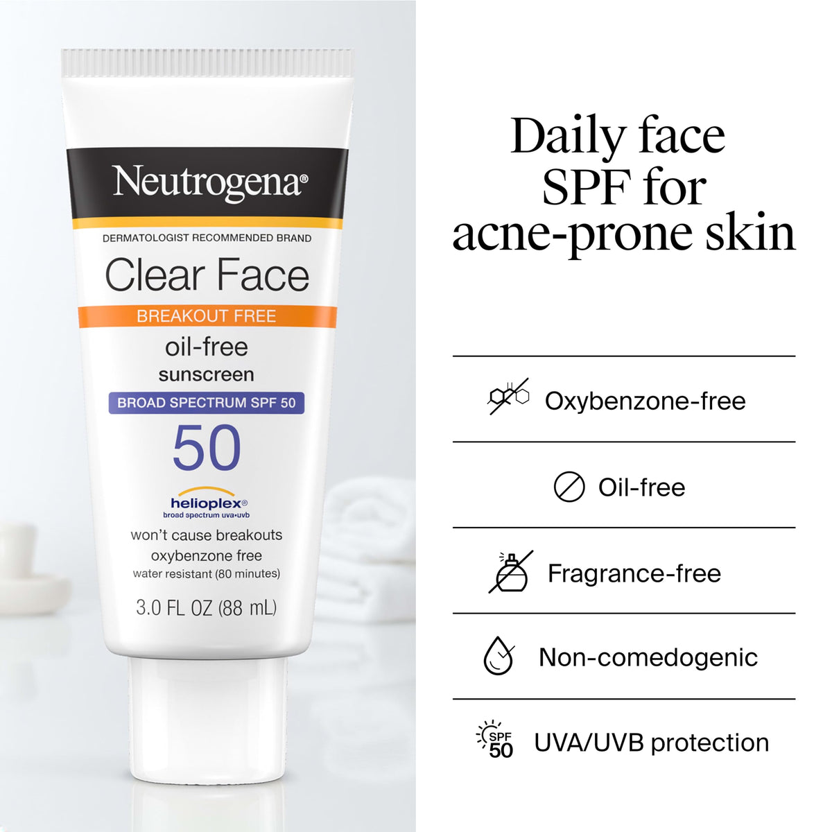 Neutrogena clear face beside a credit card for size comparison highlighting travel-friendly 3 fl oz