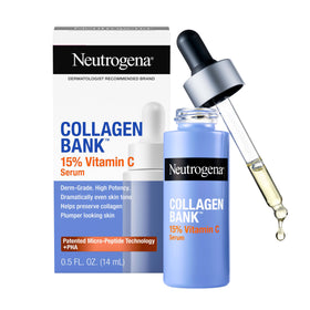 Neutrogena Collagen Bank front packaging showing bottle and box, clear benefit of trusted skincare
