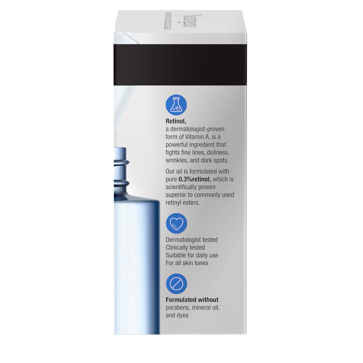 Neutrogena dropper dispensing precise retinol oil drop, promoting easy dosage control