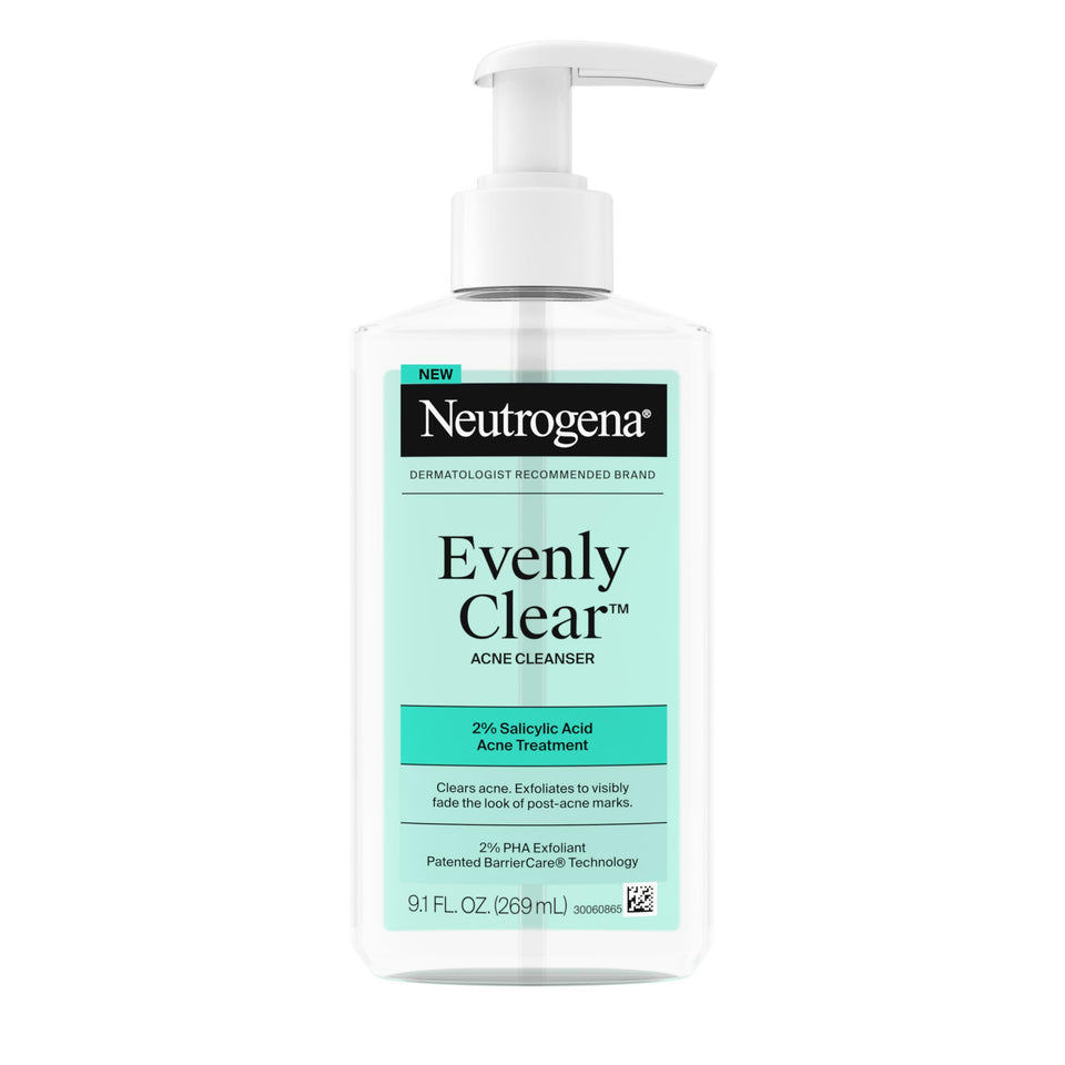Neutrogena front bottle showing product name and size, clear acne treatment benefits