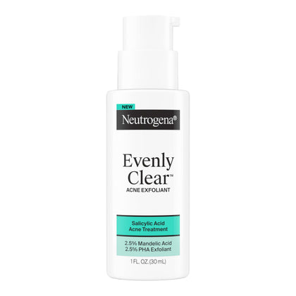 Neutrogena front packaging of Evenly Clear serum shows bottle and label benefit