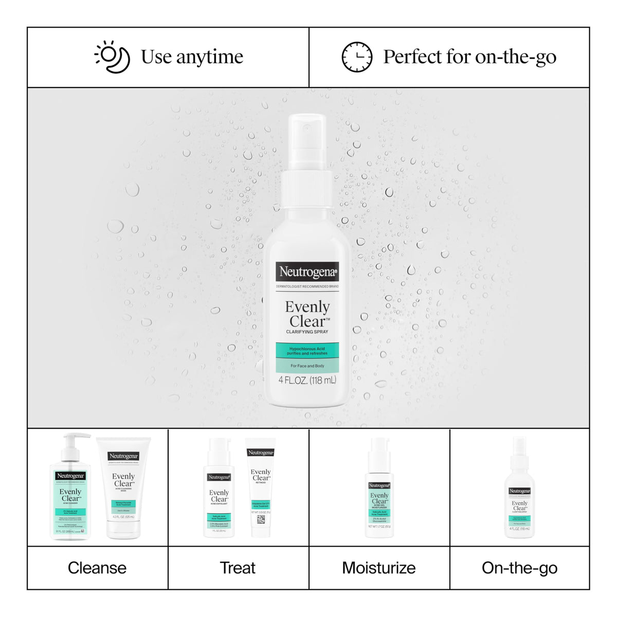 Neutrogena label close-up showing stabilized hypochlorous acid and ingredient clarity benefit