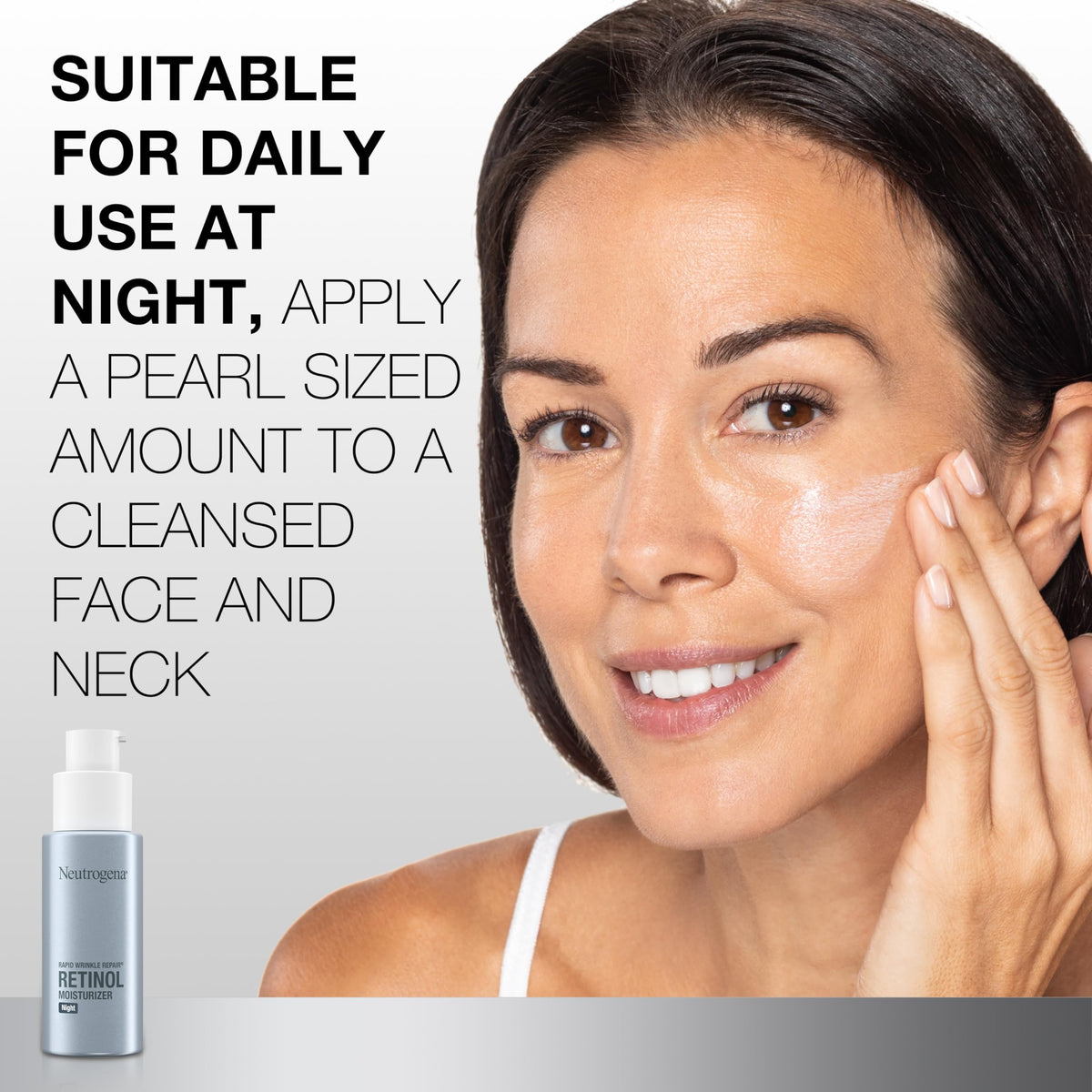neutrogena applying cream to face and neck demonstrating gentle use