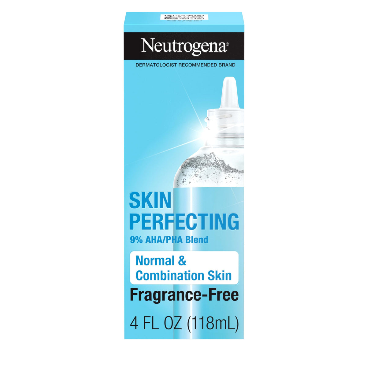 Neutrogena bottle front view showing sleek packaging and clear exfoliant benefit