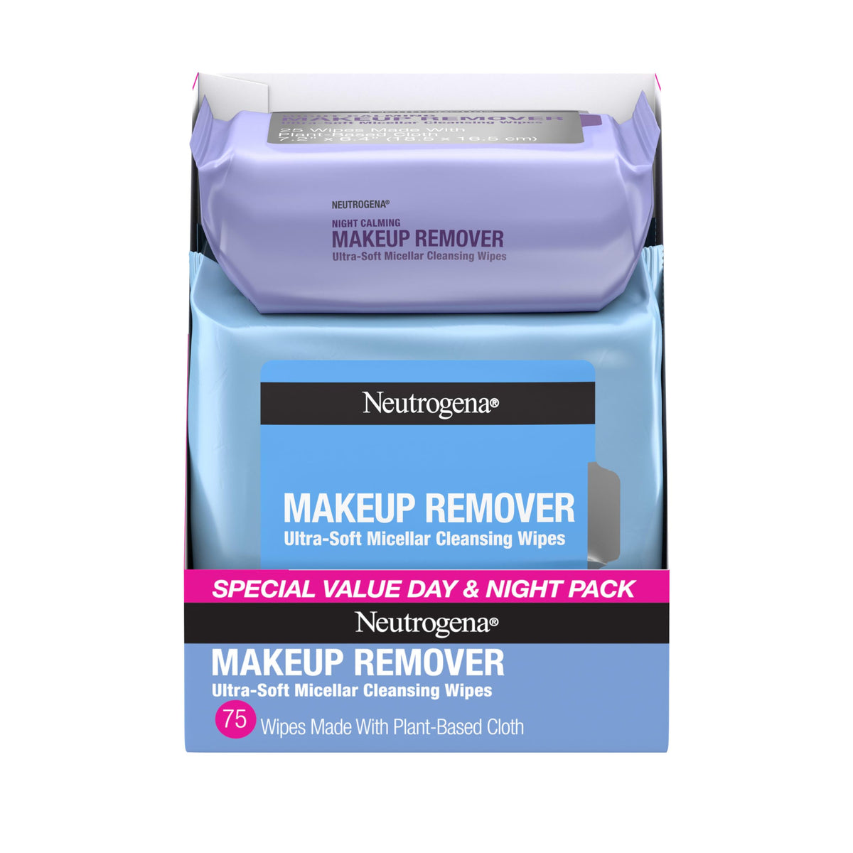 Neutrogena front packaging showing day and night wipe packs for convenient cleansing