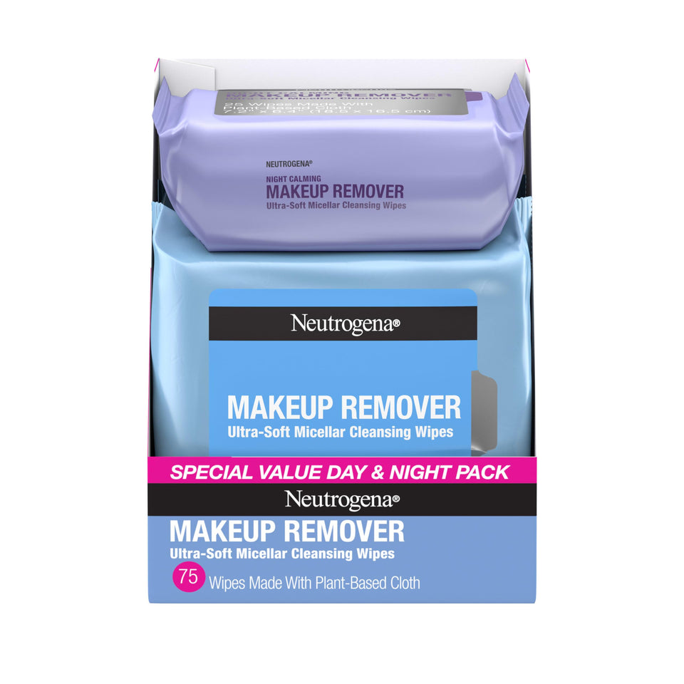 Neutrogena front packaging showing day and night wipe packs for convenient cleansing