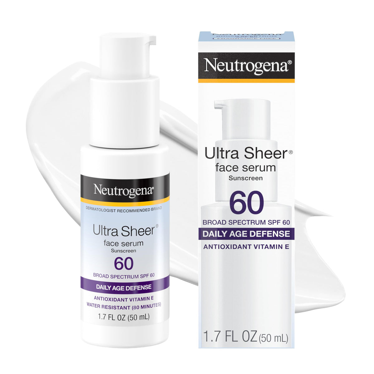 Neutrogena front tube showing Ultra Sheer Serum SPF 60 and travel size benefit
