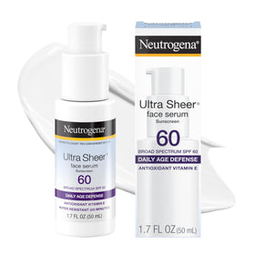 Neutrogena front tube showing Ultra Sheer Serum SPF 60 and travel size benefit