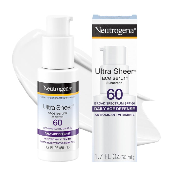 Neutrogena front tube showing Ultra Sheer Serum SPF 60 and travel size benefit