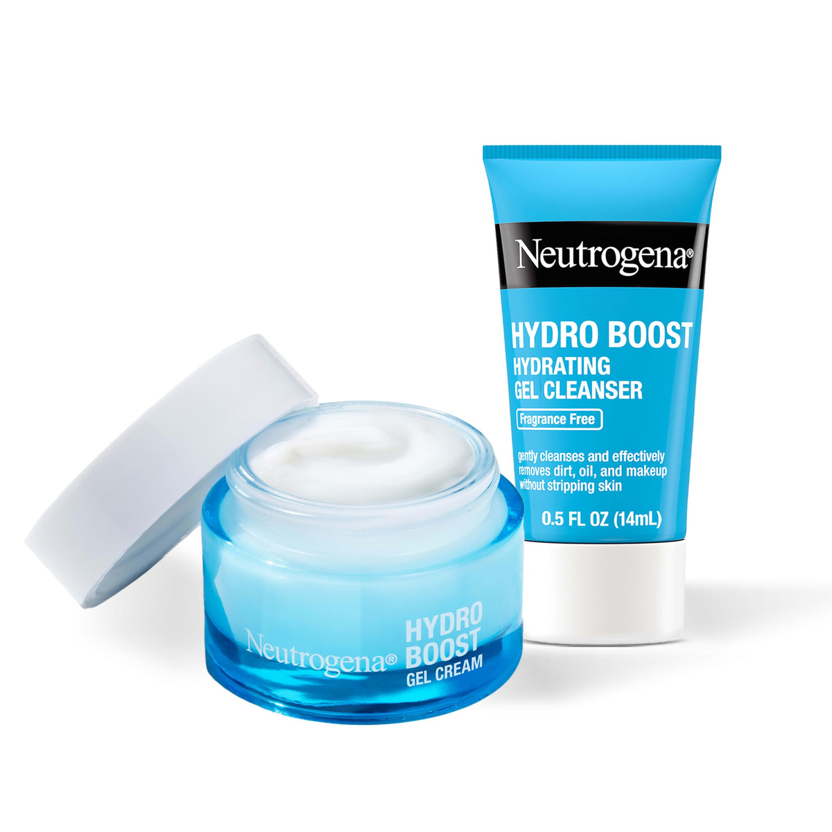 Neutrogena Hydro Boost front packaging showing product and travel cleanser benefits