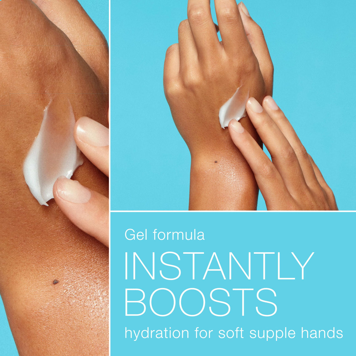 Neutrogena applied to hands demonstrating smooth finish and instant comfort