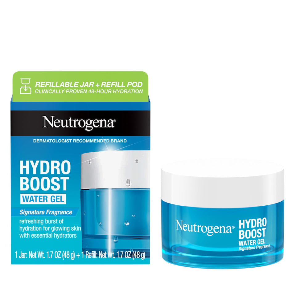 Neutrogena refillable jar front view showing sleek packaging and hydration benefit