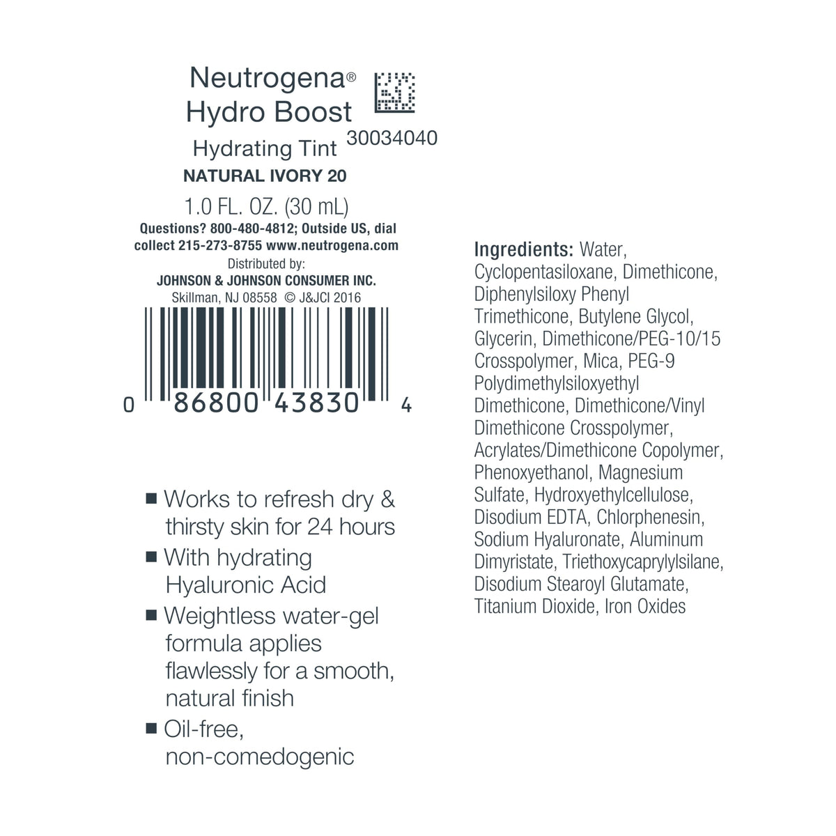 Neutrogena label ingredients panel highlighting hyaluronic acid and oil-free benefits