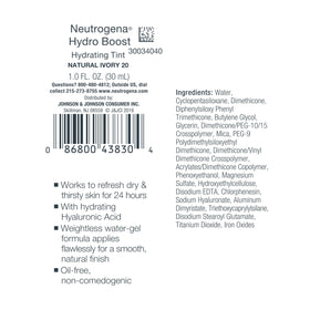 Neutrogena label ingredients panel highlighting hyaluronic acid and oil-free benefits