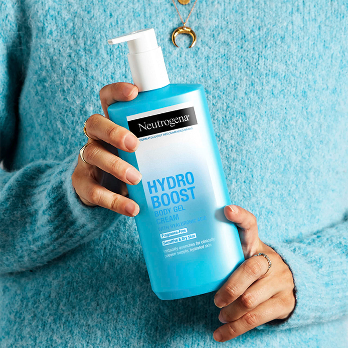 Neutrogena Hydro Boost twin-pack on store shelf conveying reliable supply benefit