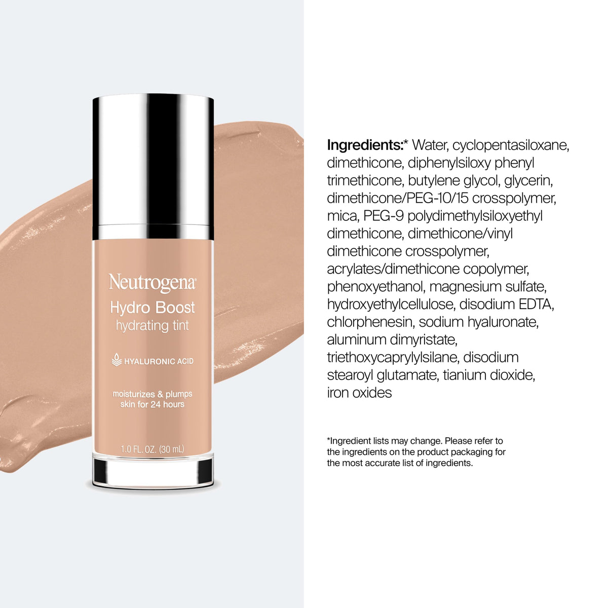 Neutrogena product with hyaluronic acid graphic showing moisture boost benefit