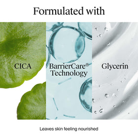 Neutrogena product label close-up with ingredients, highlighting glycerin, CICA and BarrierCare benefits