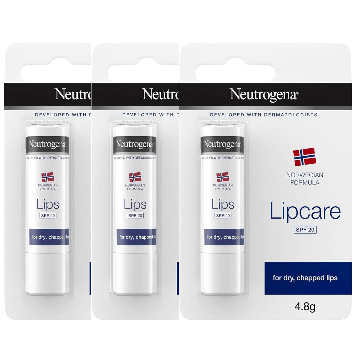 Neutrogena lipcare stick front packaging showing SPF 20 protection and moisturizing benefits