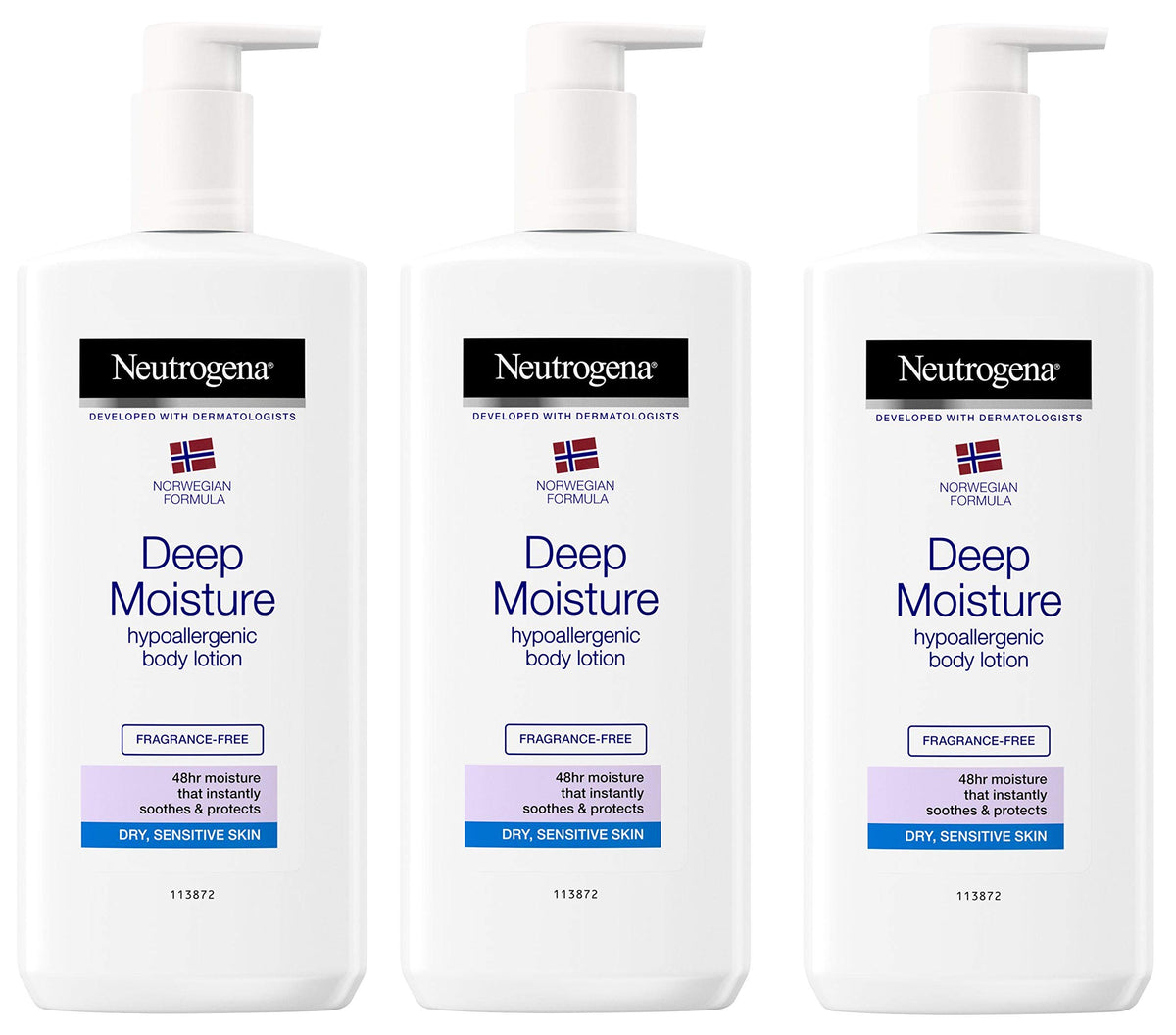Neutrogena pack front view showing three bottles and easy daily hydration