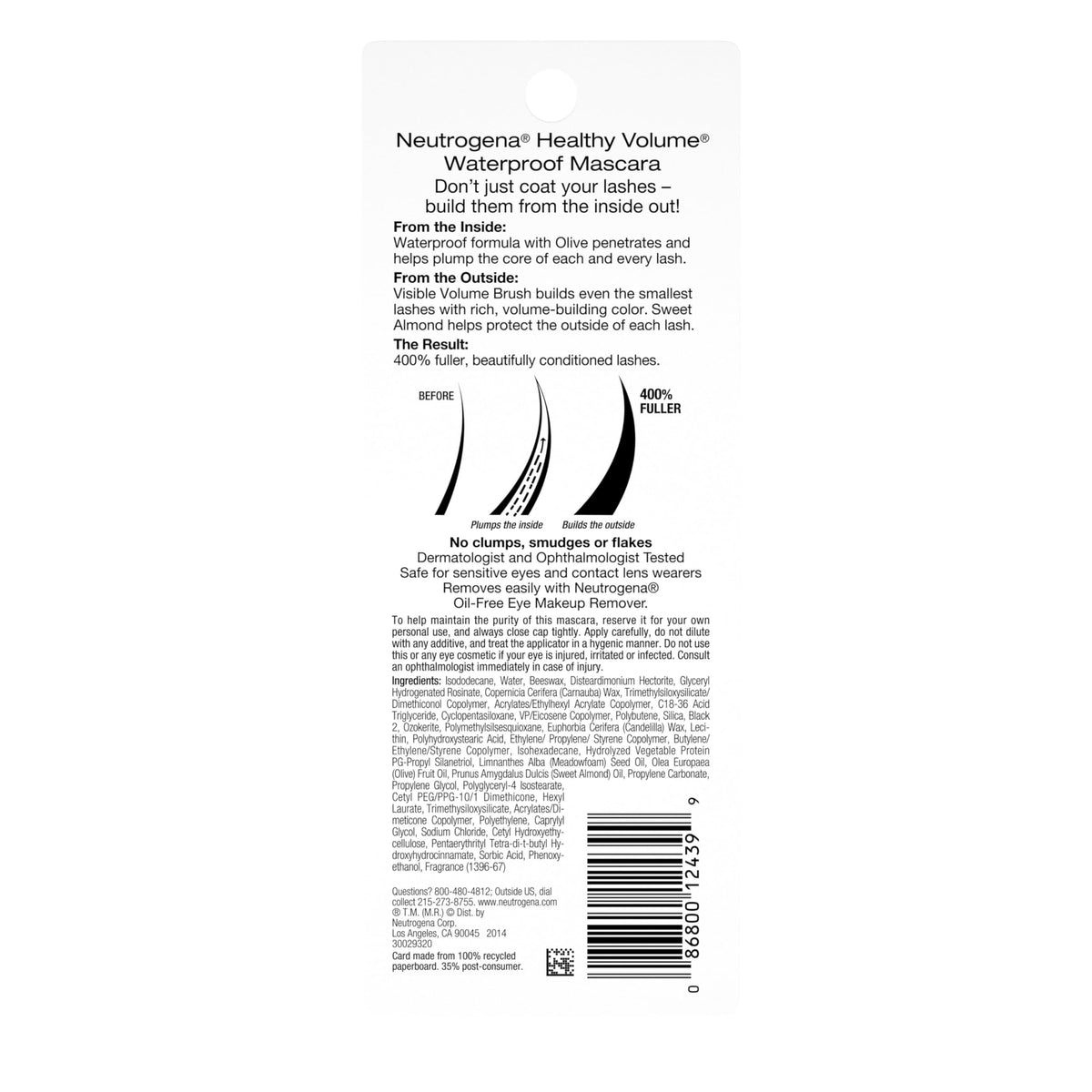 Neutrogena packaging label close-up highlighting waterproof and ophthalmologist-tested claims