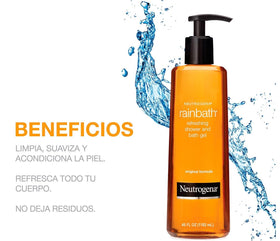 Neutrogena Rainbath in bathtub scene with soft lighting illustrating relaxing marine-citrus scent benefits