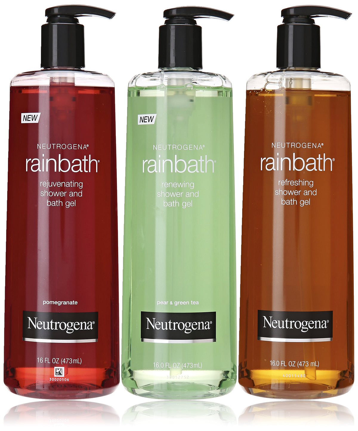 Neutrogena Rainbath three-bottle pack front view showing Original Pomegranate Pear scents and value