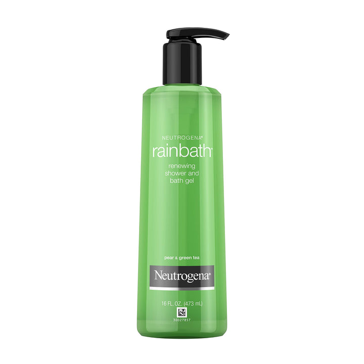 Neutrogena Rainbath pump bottle front view showing pear and green tea scent benefit