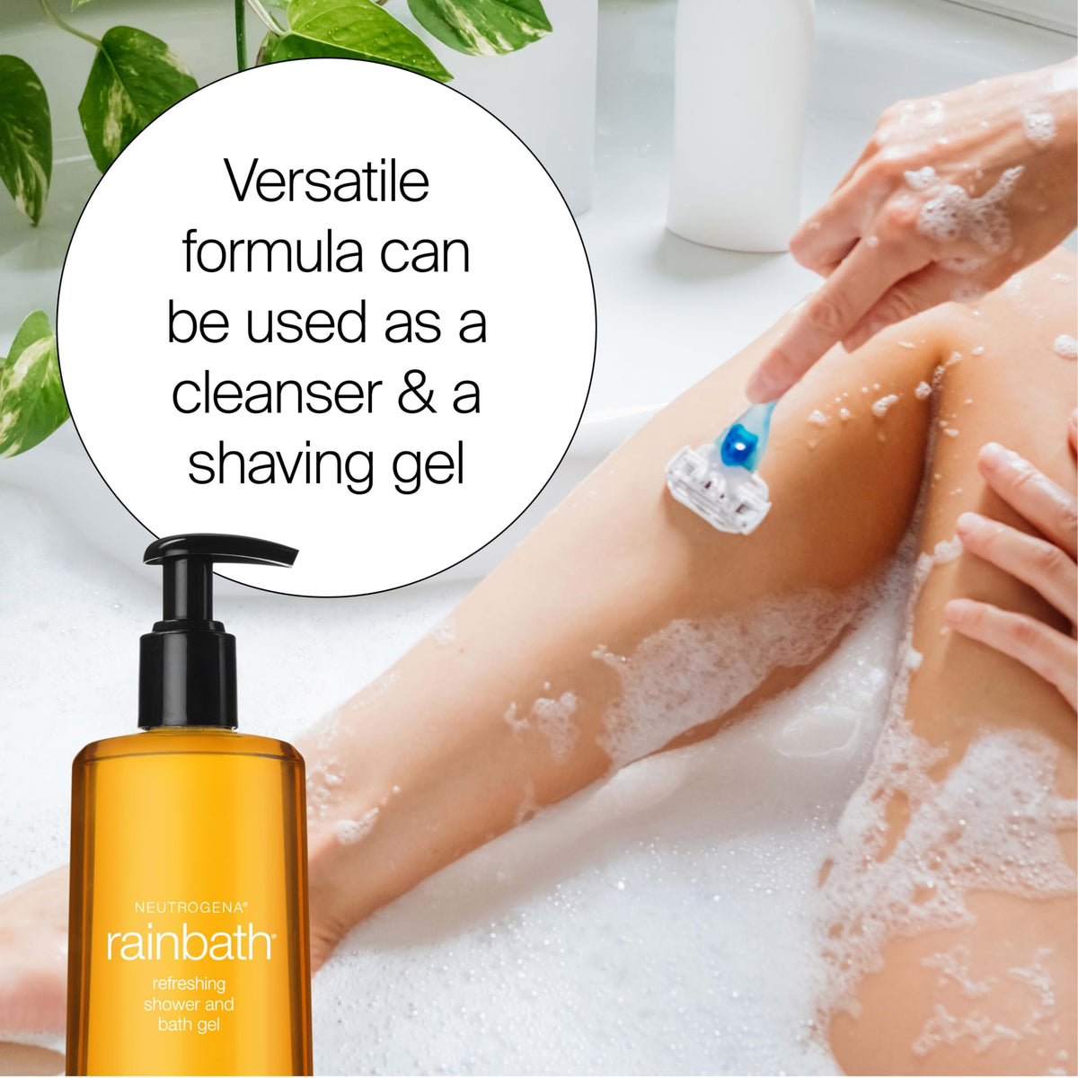 Shaving legs with Neutrogena Rainbath lather, showing glide and smooth result