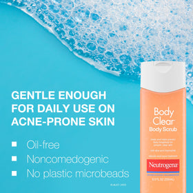 neutrogena body scrub in shower being applied to shoulders to help reduce breakouts