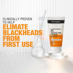 Neutrogena facial scrub in use at sink demonstrating effective removal of trapped impurities