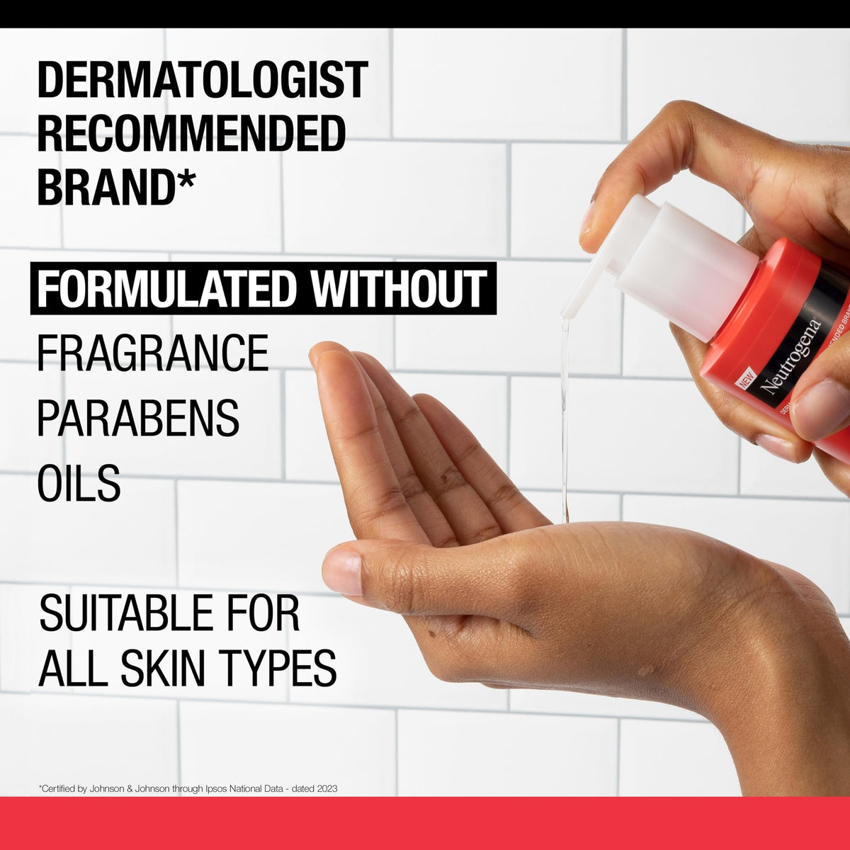 Neutrogena bottle beside hand for scale and convenient size benefit