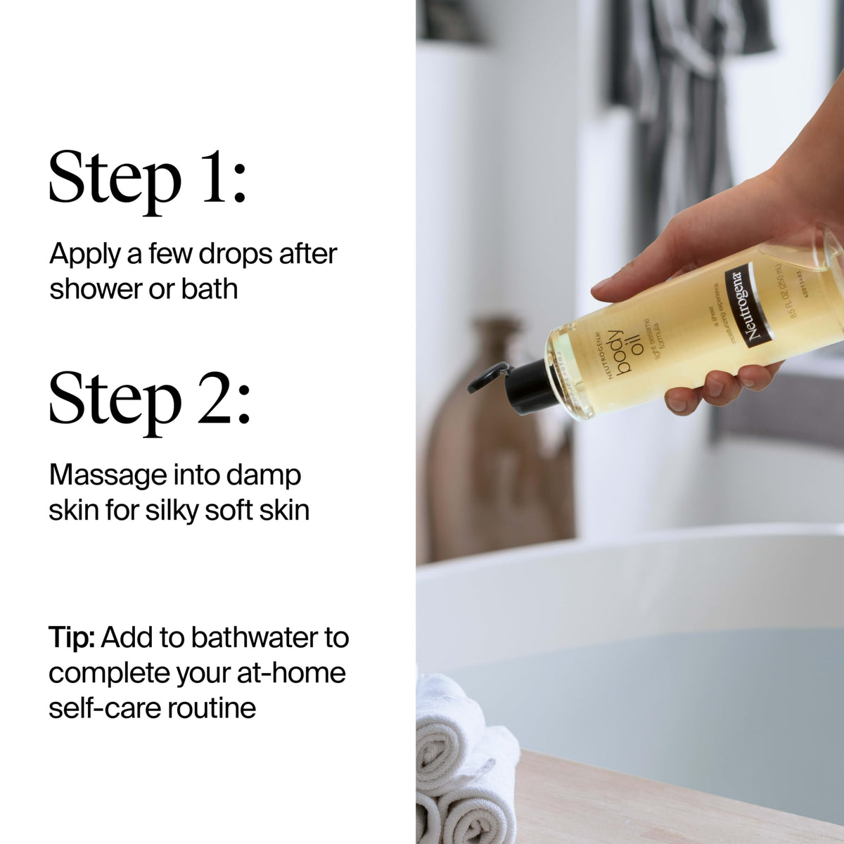 Neutrogena bottle next to hand showing 8.5 fl oz size and portability