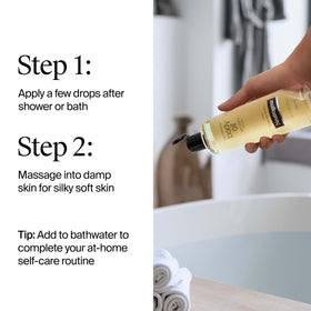 Neutrogena bottle next to hand showing 8.5 fl oz size and portability