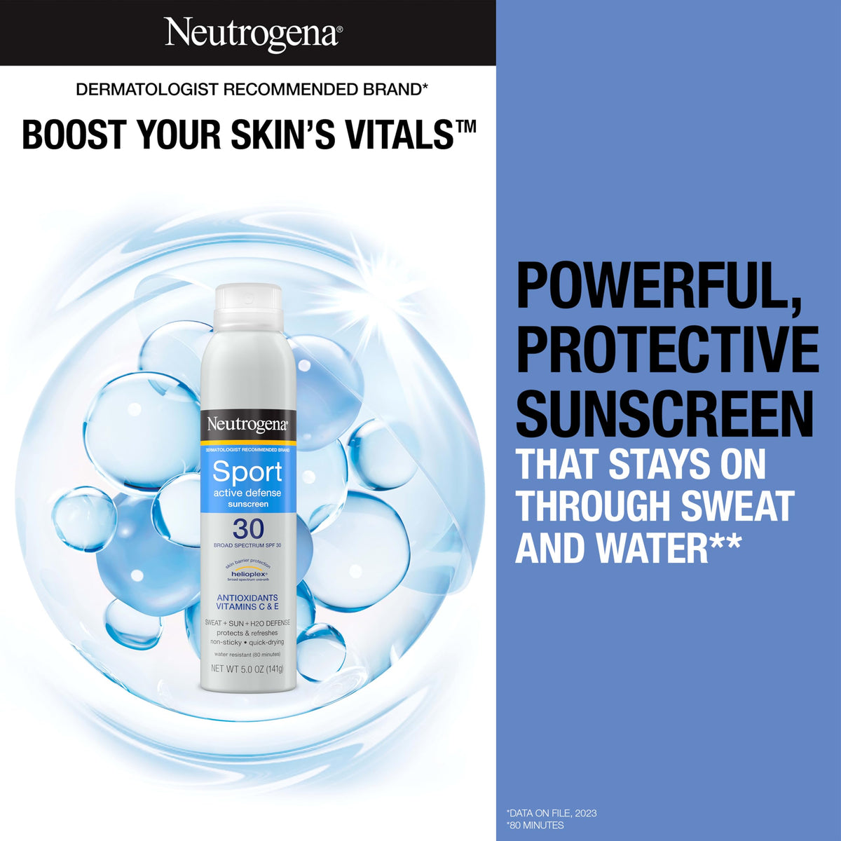 Neutrogena back label with directions and water resistance details