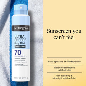 Neutrogena spray being applied to arm for quick, even coverage benefit