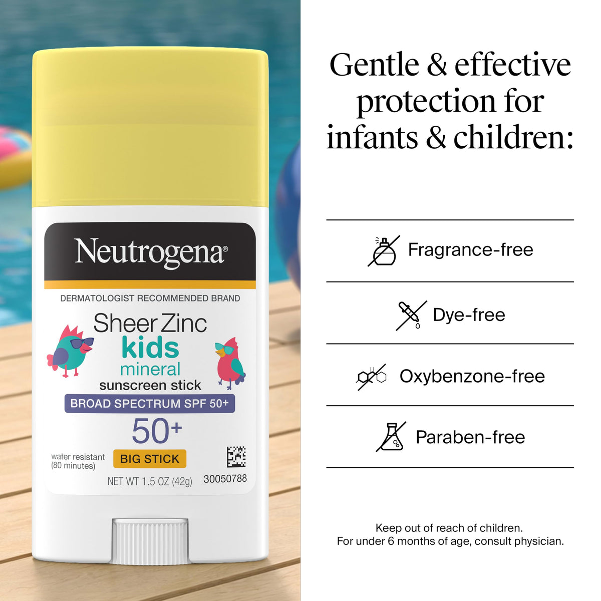 Neutrogena stick on beach with kids playing showing water-resistant use